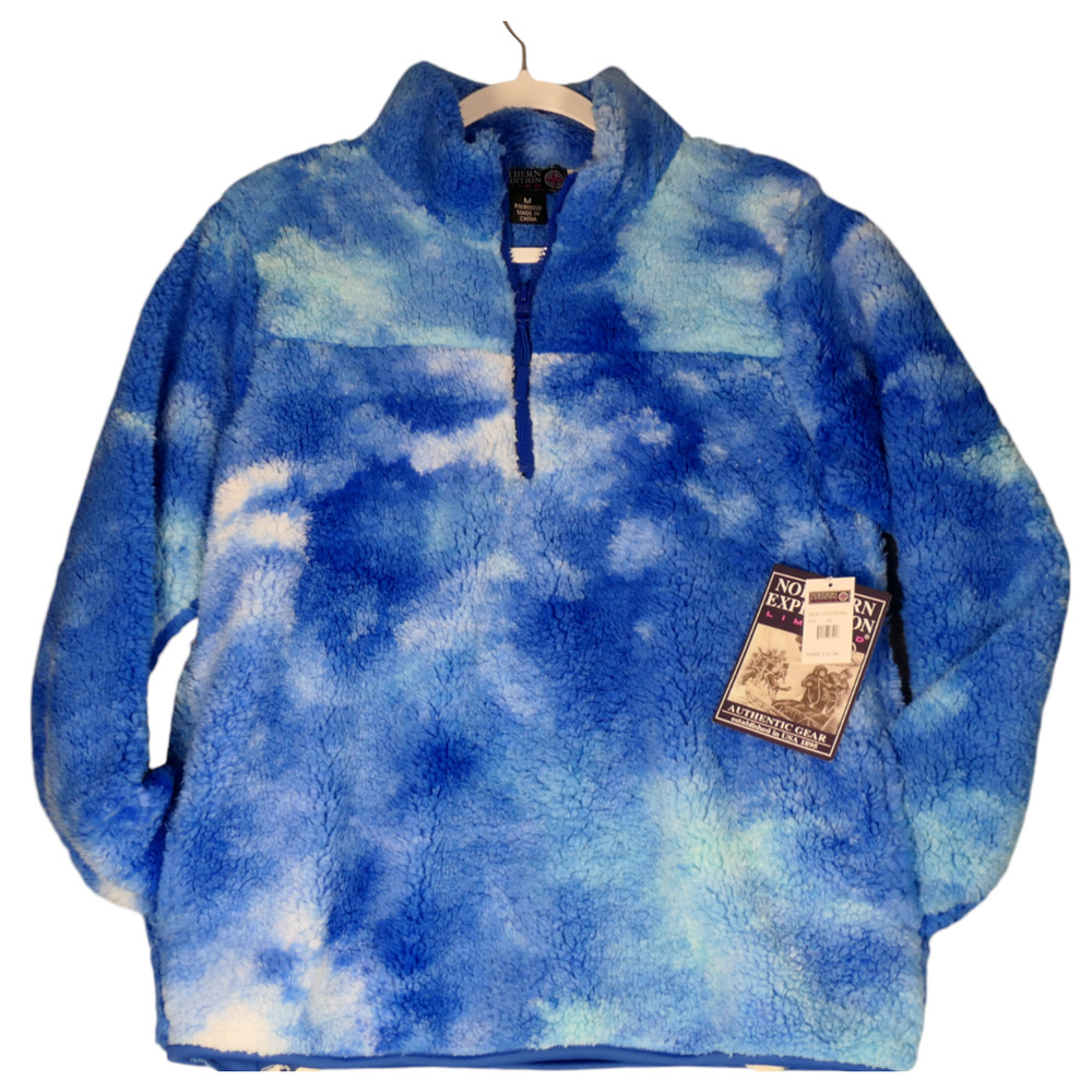 NEW Northern Expedition Fleece Sweater Womens M Blue Fuzzy Tie Dye Pockets $65